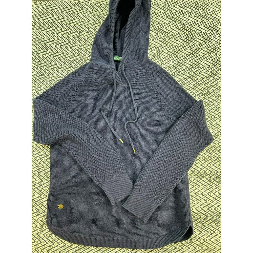Lauren Ralph Lauren Gray Waffle-Knit Cotton Hoodie Gold-Tipped Drawstrings & Log - Picture 1 of 6